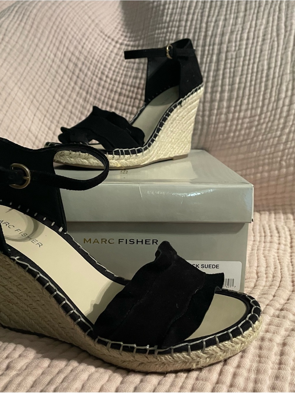 Marc Fisher Black Suede Espadrille Wedge Sandals with Ankle Strap